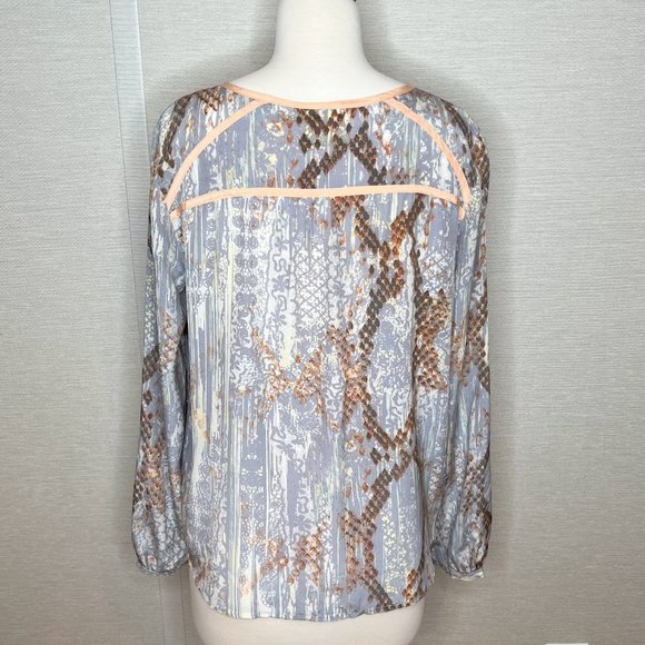 Anthropologie Maeve Silk Blouse Long Sleeve Snap Front Grey & Peach - S - Picture 2 of 7